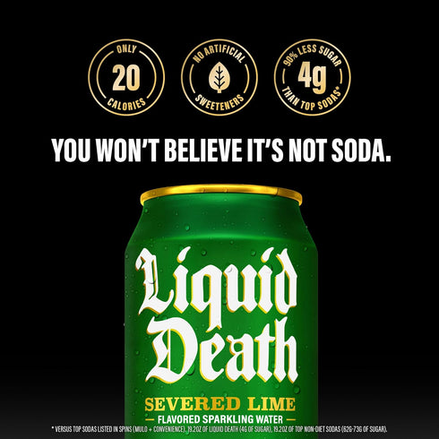 19.2 Oz (Pack 12) Liquid Death Soda-Flavored Sparkling Water - Severed Lime (Classic Lime Soda), Less Sugar*, Huge