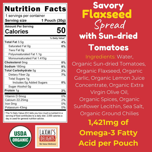 3s 12-pack, 1.06 oz Laxmis Delights Savory Flaxseed Spread with Sun-dried Tomatoes - Spicy Charcuterie Board Spread|