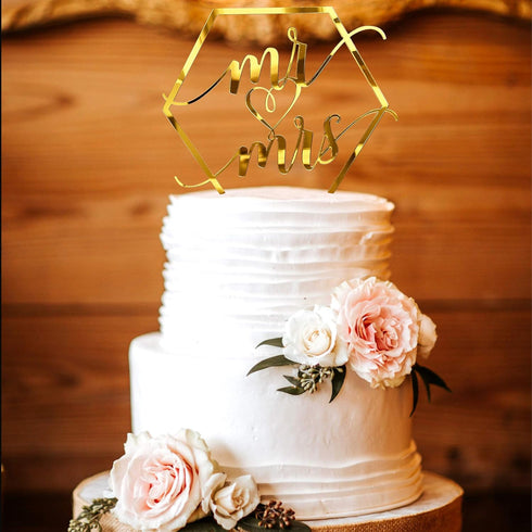 Larger Size Acrylic Mirror Gold Hexagon Mr and Mrs Cake Toppers - Elegant Handwriting Wedding, Bridal Shower,