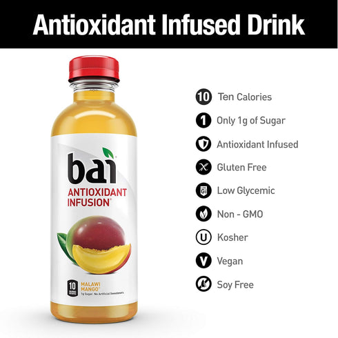 18 (Pack 12) Bai Flavored Water, Malawi Mango, Antioxidant Infused Drinks, Fluid Ounce Bottle