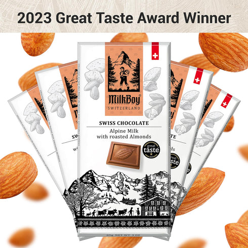 3 oz, Pack 5 Milkboy Swiss Chocolates Almond Chocolate Bars - Premium Swiss Alpine Milk Chocolate with Almonds - All