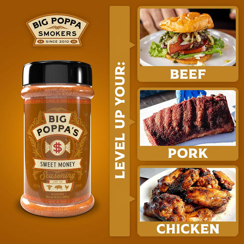 (14 Oz) Big Poppas Sweet Money BBQ Rub Prize-Winning Sweet & Savory Pork Seasoning with Granulated Honey Gluten-Free