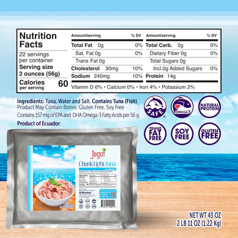 43 oz Jego Chunk Light Tuna in Water | Wild Natural Catch Tuna | Keto | Low Carb | Gluten Free | Soy Free | Ready