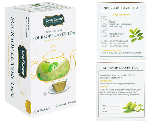 LeafLea Premium Soursop Leaves Tea Bags - 40 Herbal Tea Bags for Natural Digestion Support, No Sugar, No Caffeine