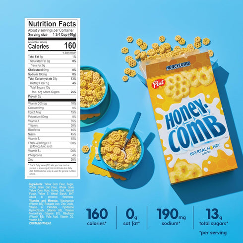 Honeycomb 19 oz Honey Flavored Sweetened Corn and Oat Breakfast Cereal, Box