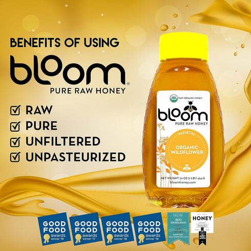 BLOOM PURE RAW HONEY 100% 16oz Bloom Honey Pure Honey Raw Unfiltered and Unpasteurized Raw Honey - Organic Wildflower