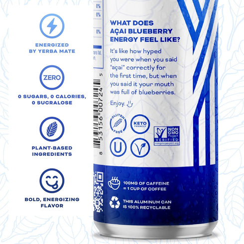 Pack 12, 12oz Yerba Energy Seltzer - Acai Blueberry, No Sugar/Calories/Carbs. Energized by Yerba Mate, Naturally
