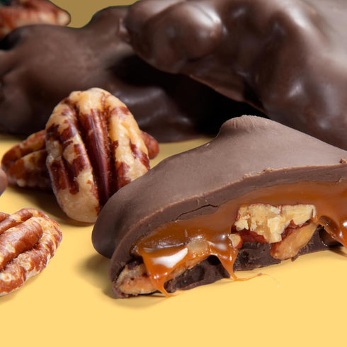 80 5 lb Dark Chocolate Pecan Patties Pieces, Box Dark Chocolate Covered Pecans with Caramel, Pecan Clusters & Turtles