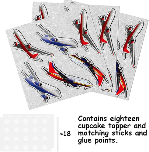LETLIMIT 18pcs Red Whiter Glitter Airplane Dessert Cupcake Topper Aviation Fighter Theme Decorations Baby Shower