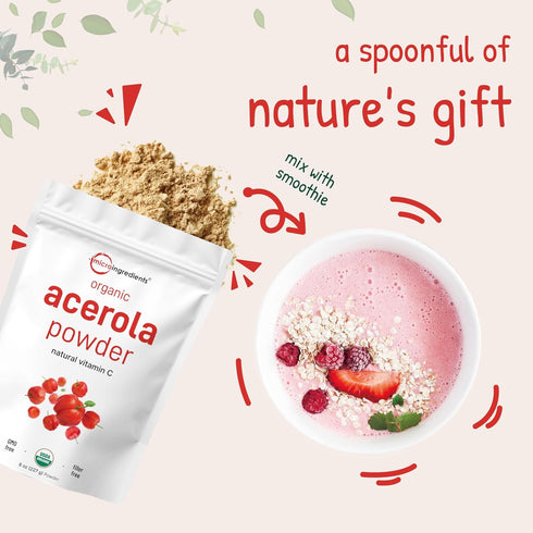 Organic Acerola Powder, 8oz - Natural Vitamin C Superfood, No Sugar & Additives, Great for Drinks & Smoothies