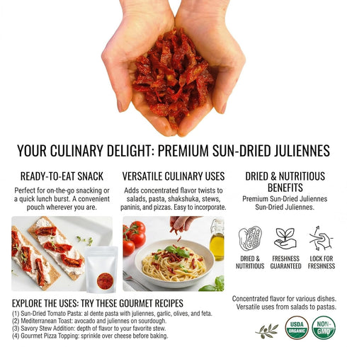 Packed, 3.17 oz Pure Anatolia Organic Sun-Dried Tomatoes Julienne Cut Dry No Oil Added, Unsulfured, No Preservatives