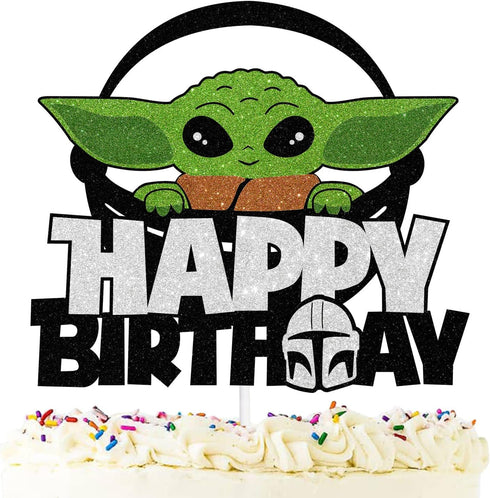 Happy Birthday Baby Cake Topper, Space Theme Black Glitter Birthday Decoration for Boy Girl Baby Shower Party