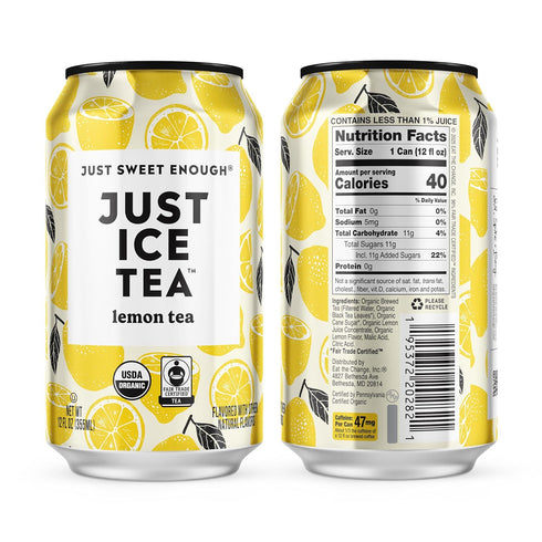 12-Pack (12oz Just Ice Tea, Lemon Flavored Black Iced Tea, Cans), USDA Certified Organic, Real Brewed, Low Calorie, No