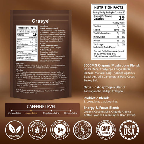 11 Immunity 30 Organic Low Caffeine Mushroom Coffee Superfood Instant Mushrooms Coffee with Ashwagandha, Shilajit