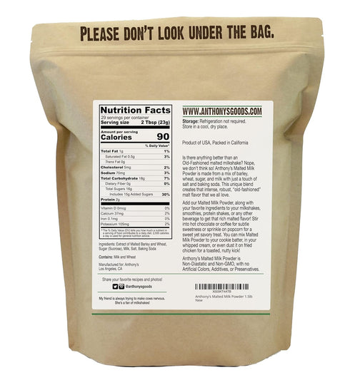 1.5lb, Anthony's Malted Milk Powder For Ice Cream, Milk Shakes, and Baking, Non GMO, Made in USA