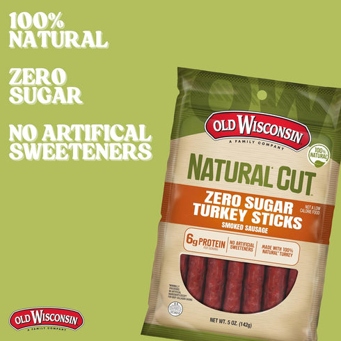 5 Old Wisconsin Natural Cut Turkey Sausage Snack Sticks, Zero Sugar, Naturally Smoked, Ready to Eat, High Protein, Low