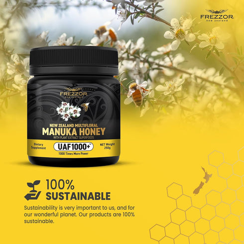 UAF1000+ 230% 1 (8.8oz/250g) FREZZOR Premium New Zealand Raw Multifloral Manuka Honey with Super Antioxidant, More