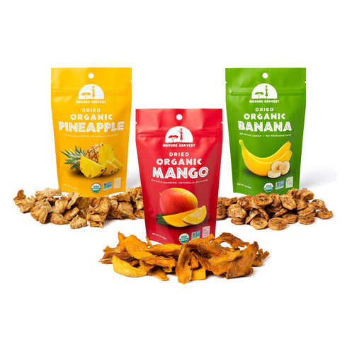 Pack 2 Pack 6 Mavuno Harvest Organic Dried Fruit Variety | Dried Mango, Pineapple, and Banana | Healthy, Vegan, No
