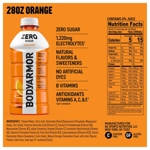 28 Oz (15 Pack), BODYARMOR ZERO Sugar Orange Electrolyte Drink, Natural Flavors, Fl Bottles B Vitamins & Antioxidants