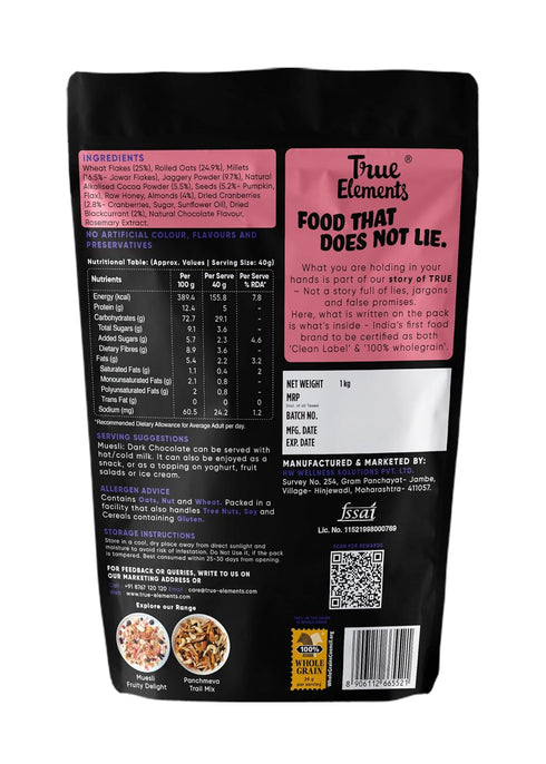 1kg 100% True Elements Dark Chocolate Muesli - Nuts & Muesli, Cereal for Breakfast, Wholegrain