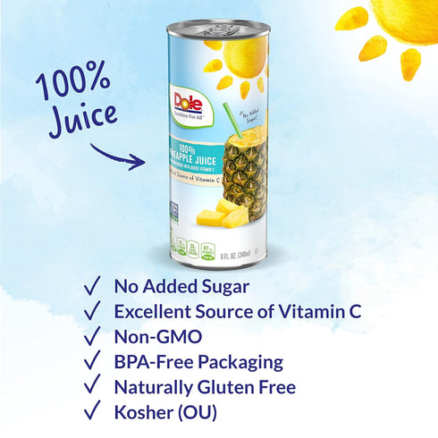 100% 100% 8.4 Oz 24 Dole Pineapple Juice, Fruit Juice with Added Vitamin C, Fl Cans, Total Cans