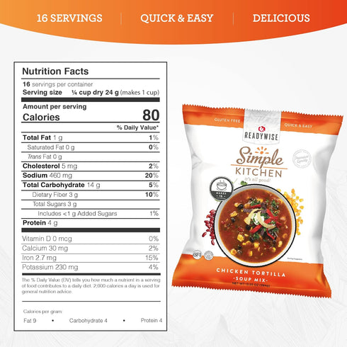 16 1 Pack READYWISE - Simple Kitchen, Chicken Tortilla Soup, Servings, MRE, Gluten Free, Food, Soup Mix, for Events
