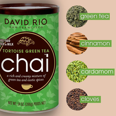 64 Oz, 52 David Rio Tortoise Green Tea Chai Tea Latte Mix, Green Tea, Organic Spices, Dairy Free, Serve Hot or Cold