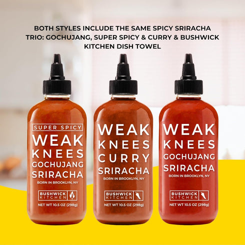 Set 5 Bushwick Kitchen Sriracha Sampler Gift Box, Includes Gochujang Sriracha, Super Spicy Gochujang Sriracha, Curry