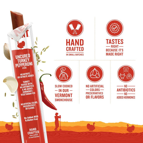 1oz 1 Count (Pack 1) Snack Sticks by Vermont Smoke & Cure Uncured Pepperoni Turkey Healthy Meat Protein Jerky Stick