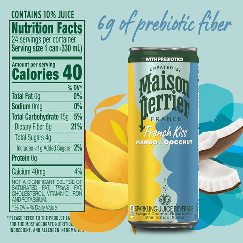 24Pk Maison Perrier French Kiss Sweetened Sparkling Juice Beverage, Mango & Coconut Flavors With Real Fruit Juices