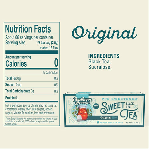 22 Pack 6 Southern Breeze Hot Brew Sweet Tea Original Iced Tea with Black Tea and Zero Carbs Zero Sugar, Family Size