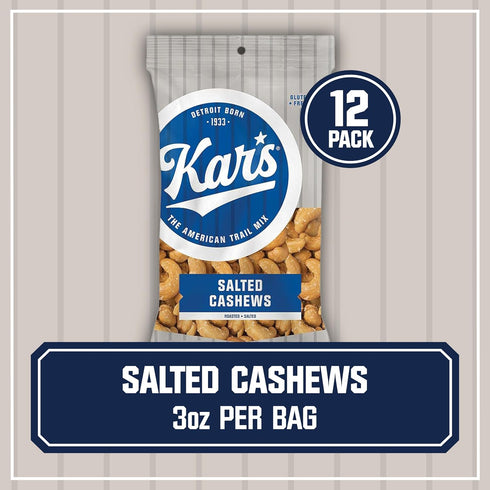 3 oz Packs Pack 12, Kars Nuts Salted Cashews, Individual Snack Bulk of Gluten-Free Snack Mix