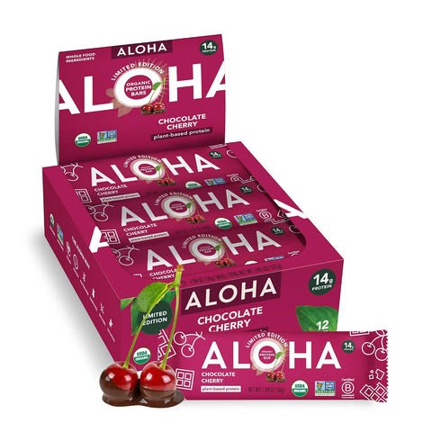 ALOHA Organic Plant Based Protein Bars - Chocolate Cherry - 12 Bars,