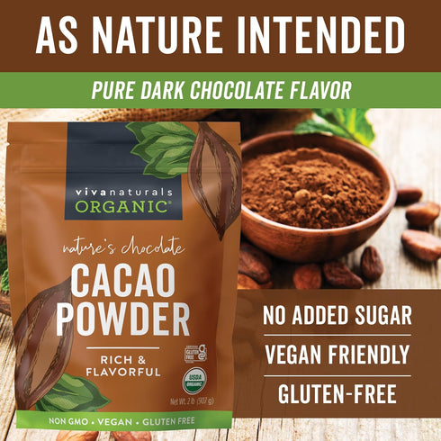 Viva Naturals 2lb Organic Cacao Powder, Unsweetened Cocoa Powder for Baking & Smoothies