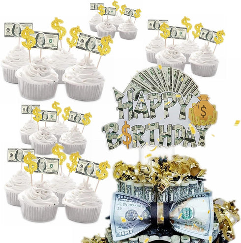 The DaPai Dollar Bill Theme Cake Topper & Cupcake Toppers Birthday Party Decoration Set
