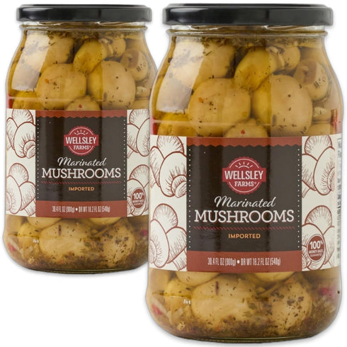 Wellsley Farms Marinated Mushrooms 30.36 oz (Pack of 2) Extra Large Club Size Jars