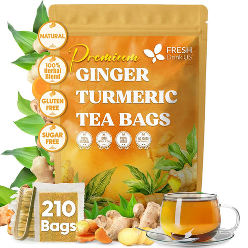 FreshDrinkUS, Premium 210 Ginger Turmeric Tea Bags, 100% Natural Ingredients, Hand-made Blend