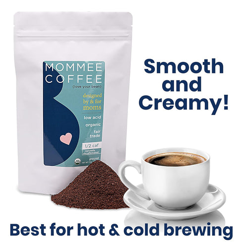 Mommee 100% 11 oz Coffee Half Caf Ground Low Acid Coffee - Arabica Organic Coffee Beans with Smooth Caramel Flavor