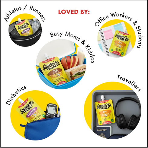 Squeeze Me Honey Packets 100% 5 1oz Individual Single Serve - Resealable Honey For Tea Coffee Sweetener - Pure Raw
