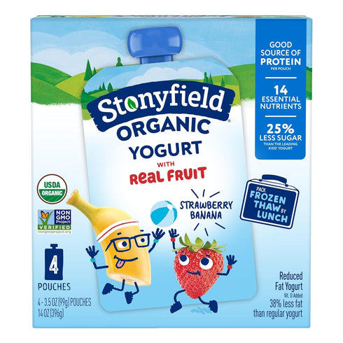 Stonyfield Organic Kids Strawberry Banana Lowfat Yogurt Pouches, 3.5 oz. Each, Includes Live Active