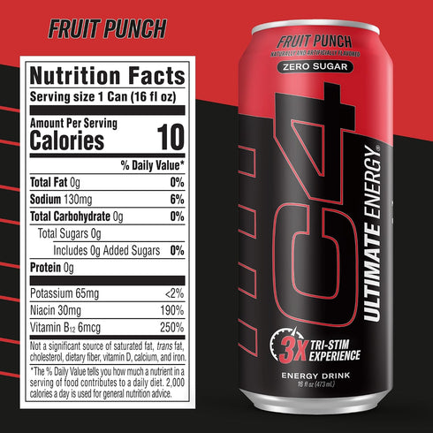 C4 300mg 16oz (Pack 12) Ultimate Zero Sugar Energy Drink, Tri-Stim Experience with Caffeine + TeaCrine + Dynamine
