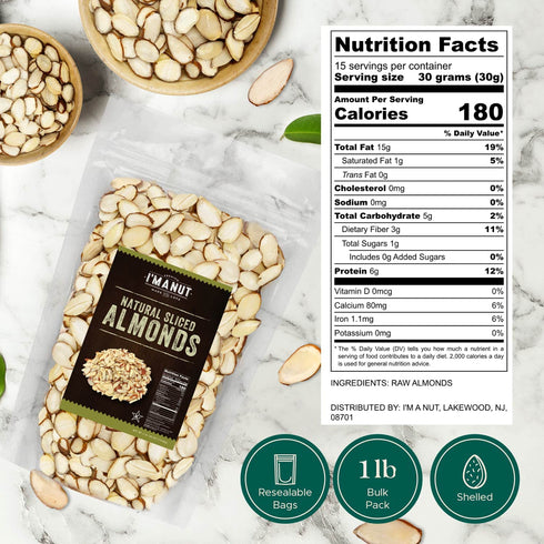 16oz (1 lb) Premium Raw Unsalted Sliced Almonds | Superior Gourmet Quality | Batch Tested Gluten & Peanut Free |