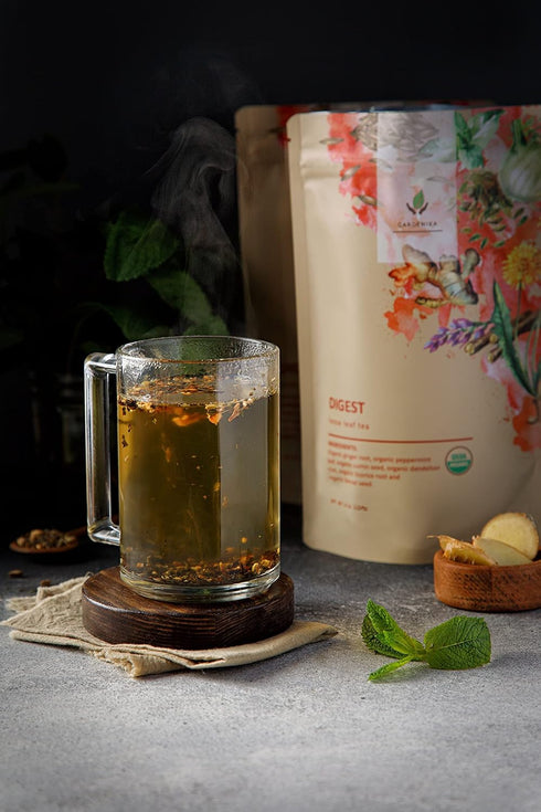 Gardenika Organic Digestive Loose Leaf Tea, Ayurvedic Blend with Dandelion Root, Ginger, Peppermint, Licorice – 4 oz
