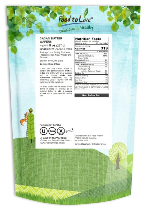 8 Food to Live Raw Cacao Butter Wafers, Ounces Pure, Cold-Pressed, Unfiltered, Unrefined, Non-Deodorized, Kosher, Keto