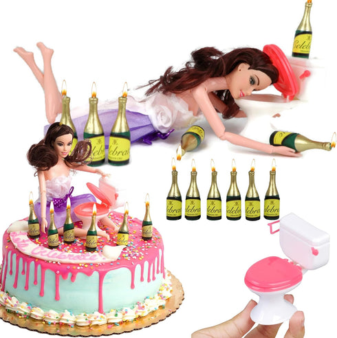 Happy 21st Birthday Cake Topper Decorations with Mini Liquor Wine Bottle Candles, Jointed Doll & Toilet