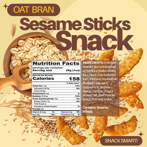 2 SweetGourmet Oat Bran Sesame Sticks, Healthy Snack, Salted, No Preservatives, No Artificial Flavors, Pound Zip-Lock