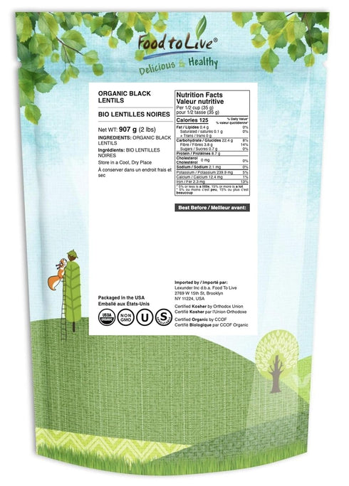 2 Food to Live Organic Black Lentils, Pounds Non-GMO, Whole Dry Pulses, Raw, Sproutable, Kosher, Vegan, Bulk Legumes