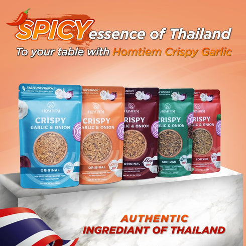 3.5 Oz., Homtiem Crispy Garlic & Onion : Original Spicy Medium Spice, Versatile Seasoning, All-Natural, Non-GMO, Vegan