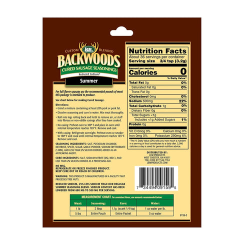 LEM Products Backwoods Reduced Sodium Summer Sausage Cured Sausage Seasoning, 4.1 Ounce Packet, Seasons Up to 5 Pounds