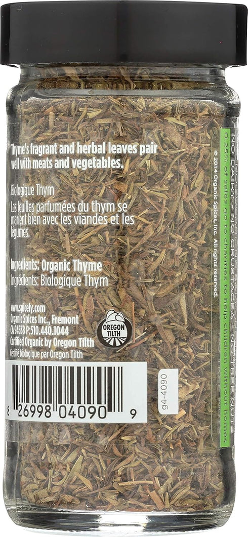 Spicely Organic Thyme 0.60 Ounce Jar, Certified Gluten Free